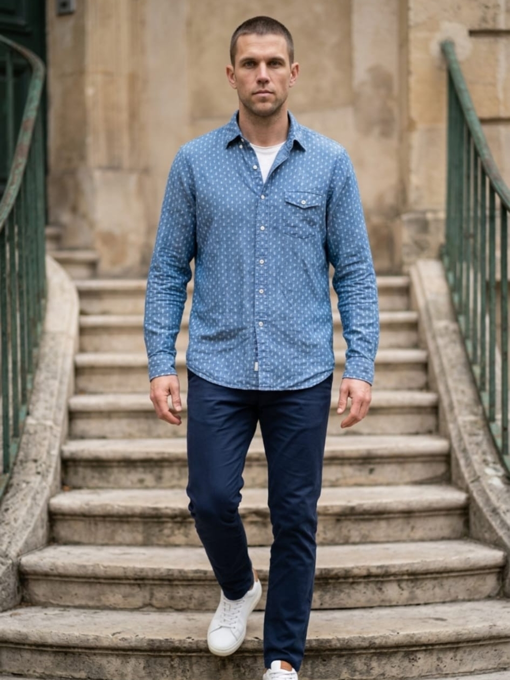 Blue Jean Shirt with White Sailboat Print
